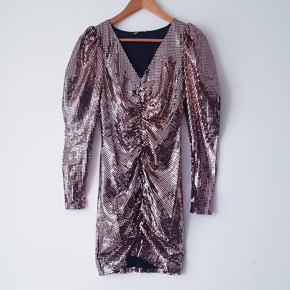 ZARA Metallic Rose Gold Ruched Mini Dress - Picture 4 of 13